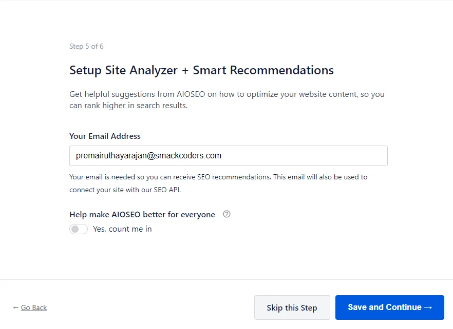 aioseo setup site analyzer smart recommendations