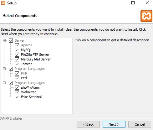 Select components XAMPP download 12