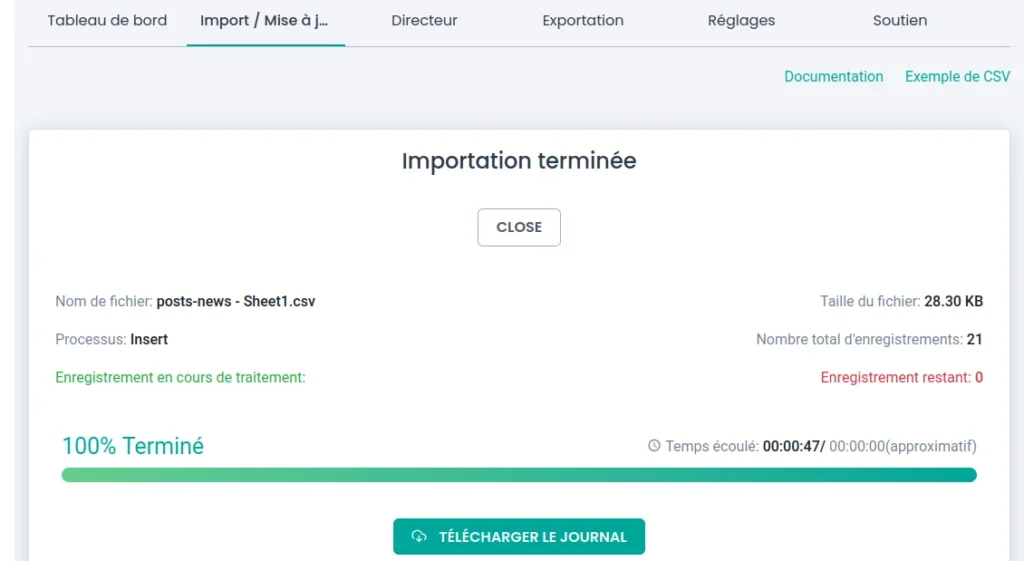 csv importer import completed french language