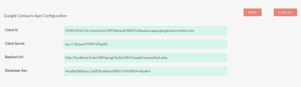 suitecrm google contacts app configuration