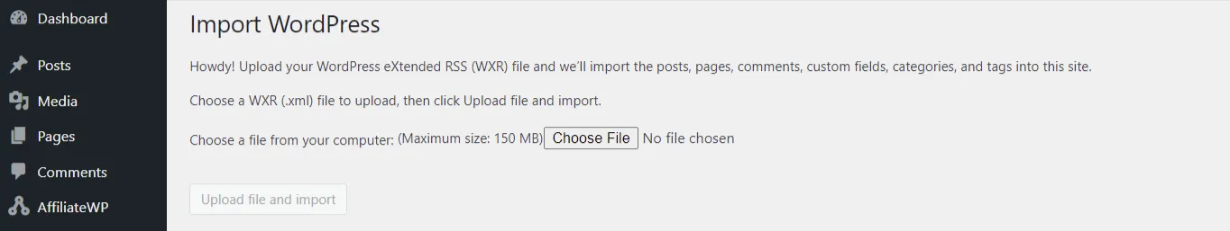 upload wxr file all import wordpress