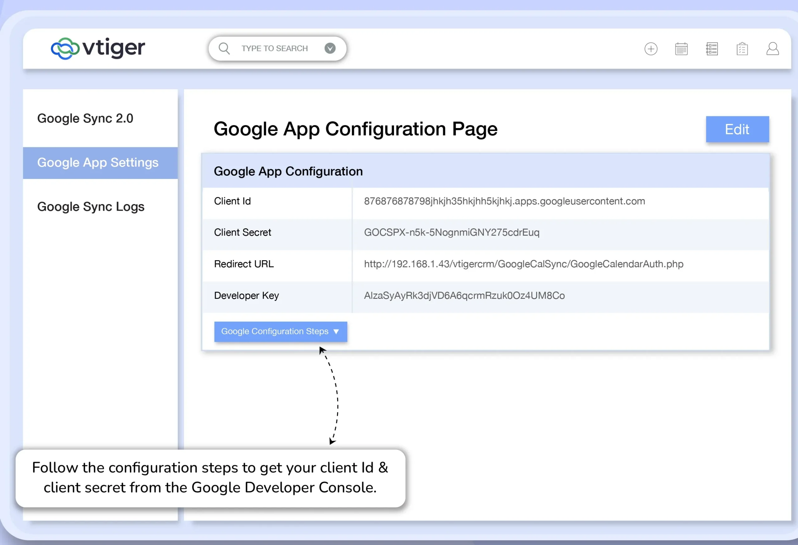Vtiger google_calender_Configuration