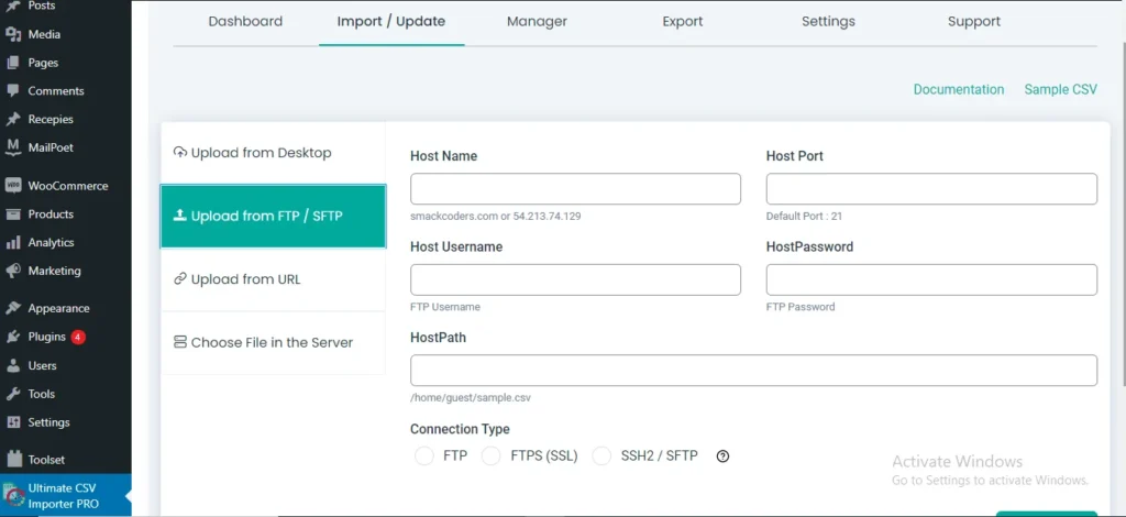 upload from ftp sftp csv importer