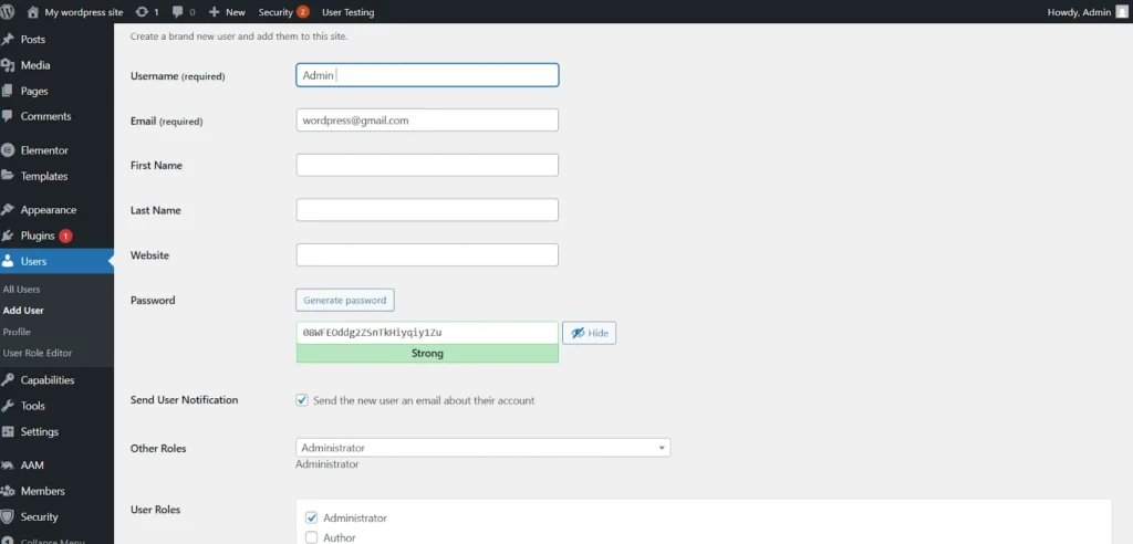 adminstrator user role creation in wordpress